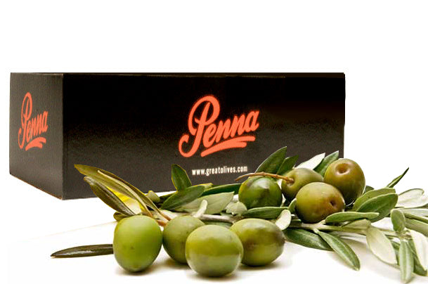 A Penna-branded black box behind a branch of fresh green olives with leaves