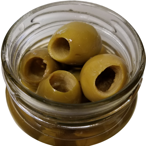 Green olives in a transparent jar