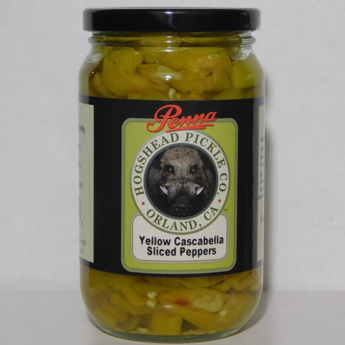 Jar of Penna Yellow Cascabella Sliced Peppers from Hogshead Pickle Co., Orland, CA.
