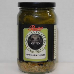 A jar of Penna Hogshead Pickle Co. Cornichon Pickles (16 fl oz) from Orland, CA, filled with small pickled cucumbers and spices, shown against a plain background.