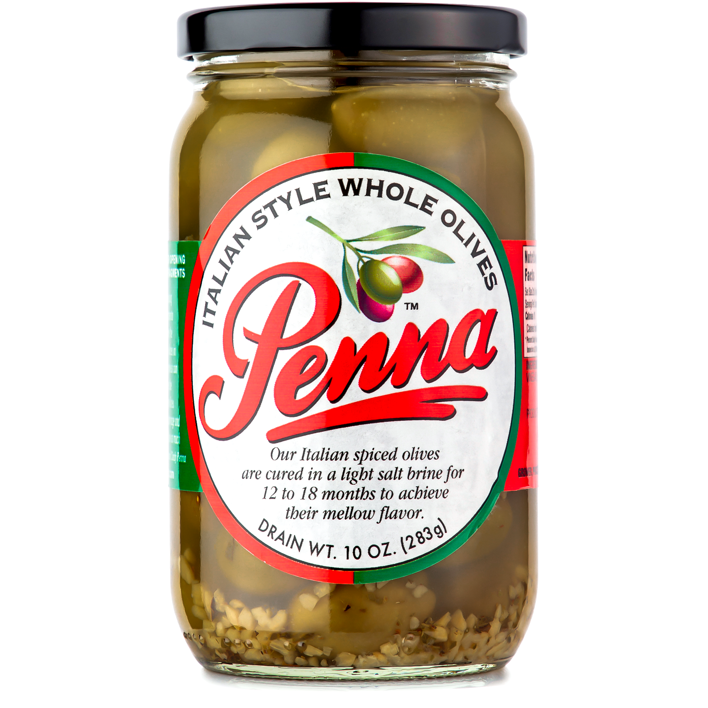 Jar of Italian Style Whole olives with Penna branding on it