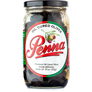 Jar of Penna Oil Cured Black Olives with a white label and red branding