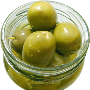 Pickled green olives in a transparent jar