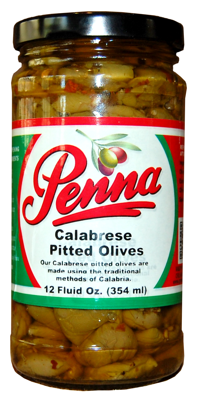 Jar of Penna Calabrese Pitted Olives with product information on it.